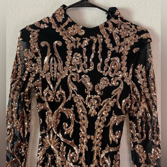 Windsor Long Black Dress w/ Gold Sequin Pattern - Picture 2 of 9